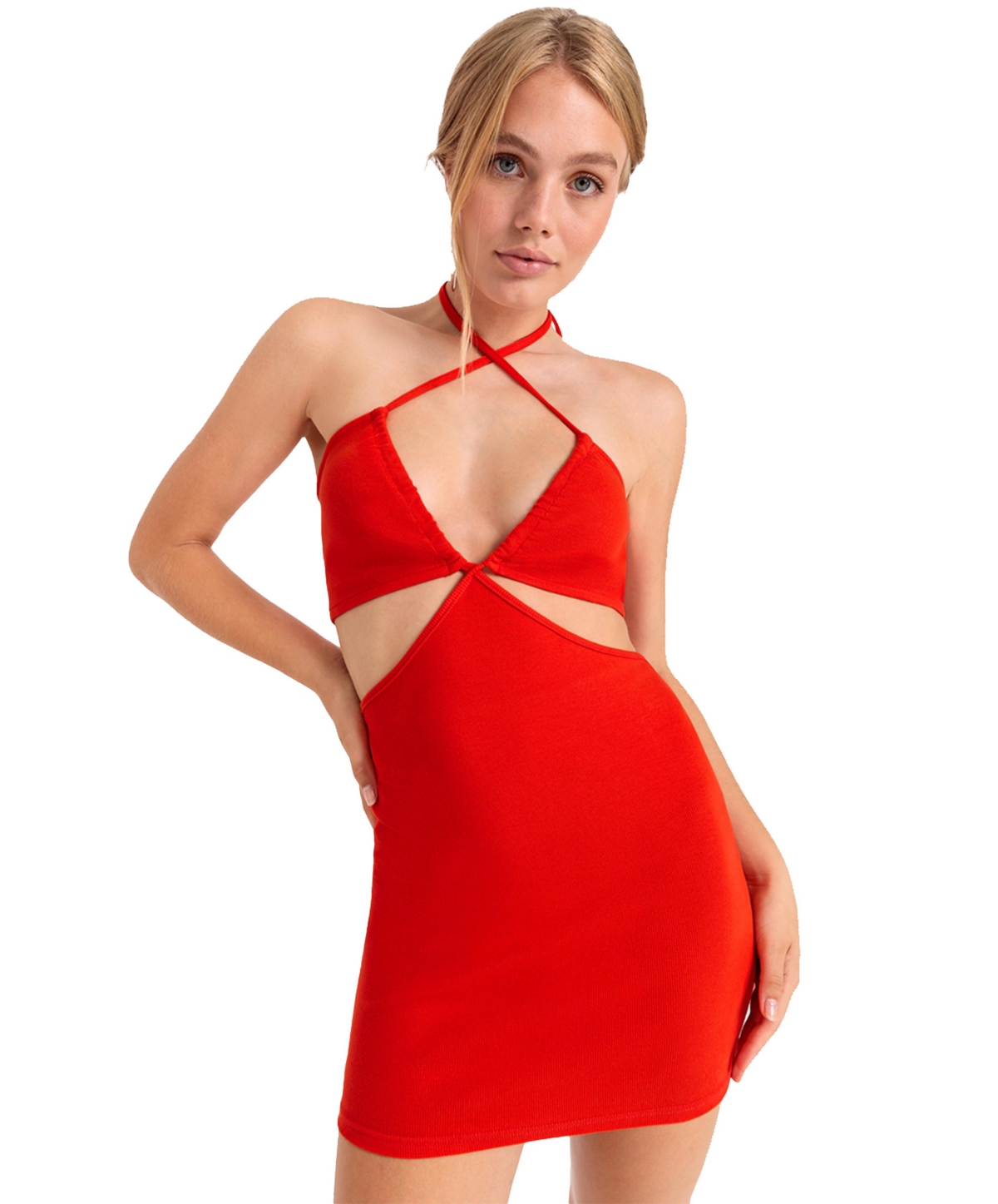 Women's Halter Neck Cut Out Dress - Red