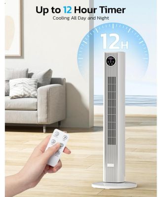 Tower Fan for Bedroom, 90° Oscillating Fan with 12H Timer, 37”Standing Fans with Remote, Bladeless Fan with 4 Modes & 3 Speeds