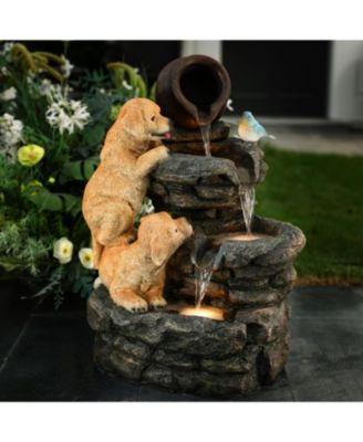 Puppy Rock Tower Farmhouse Resin Outdoor Fountain with Lights