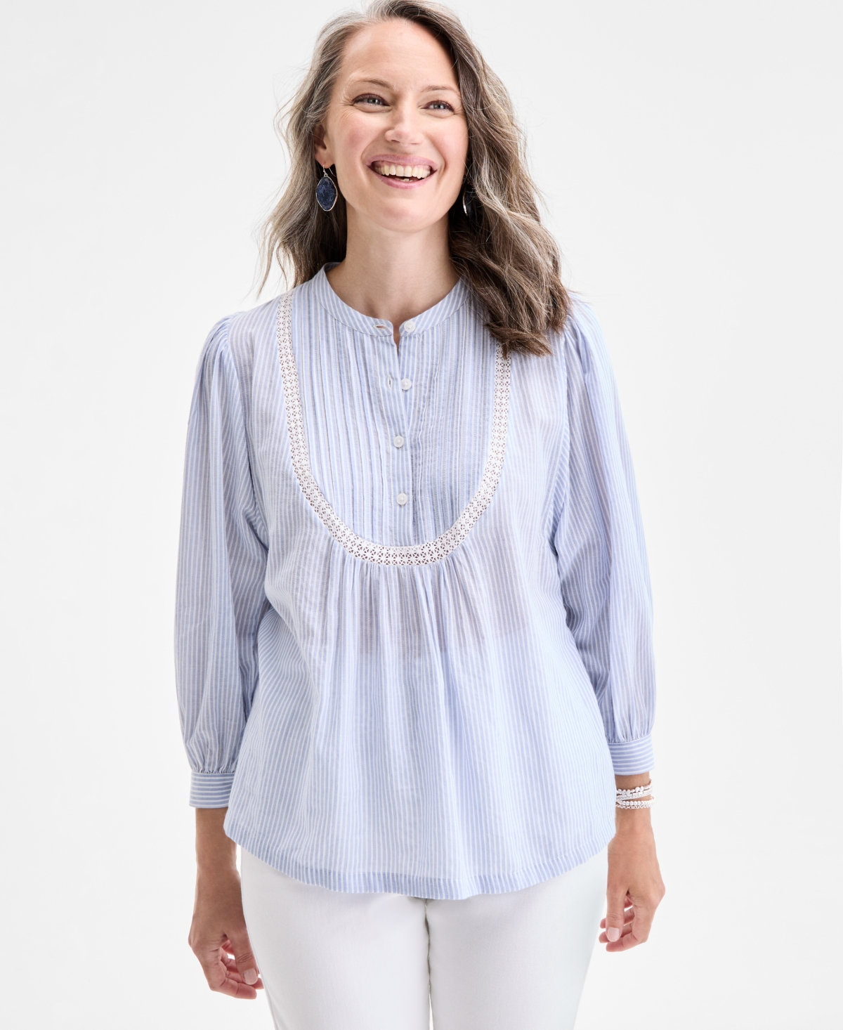 Women's Cotton Stripe Lace-Bib 3/4-Sleeve Top, Exclusively at Macy's - Stripe Blue