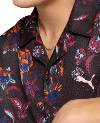 Men's Relaxed-Fit Floral Button-Down Mesh Camp Shirt 
