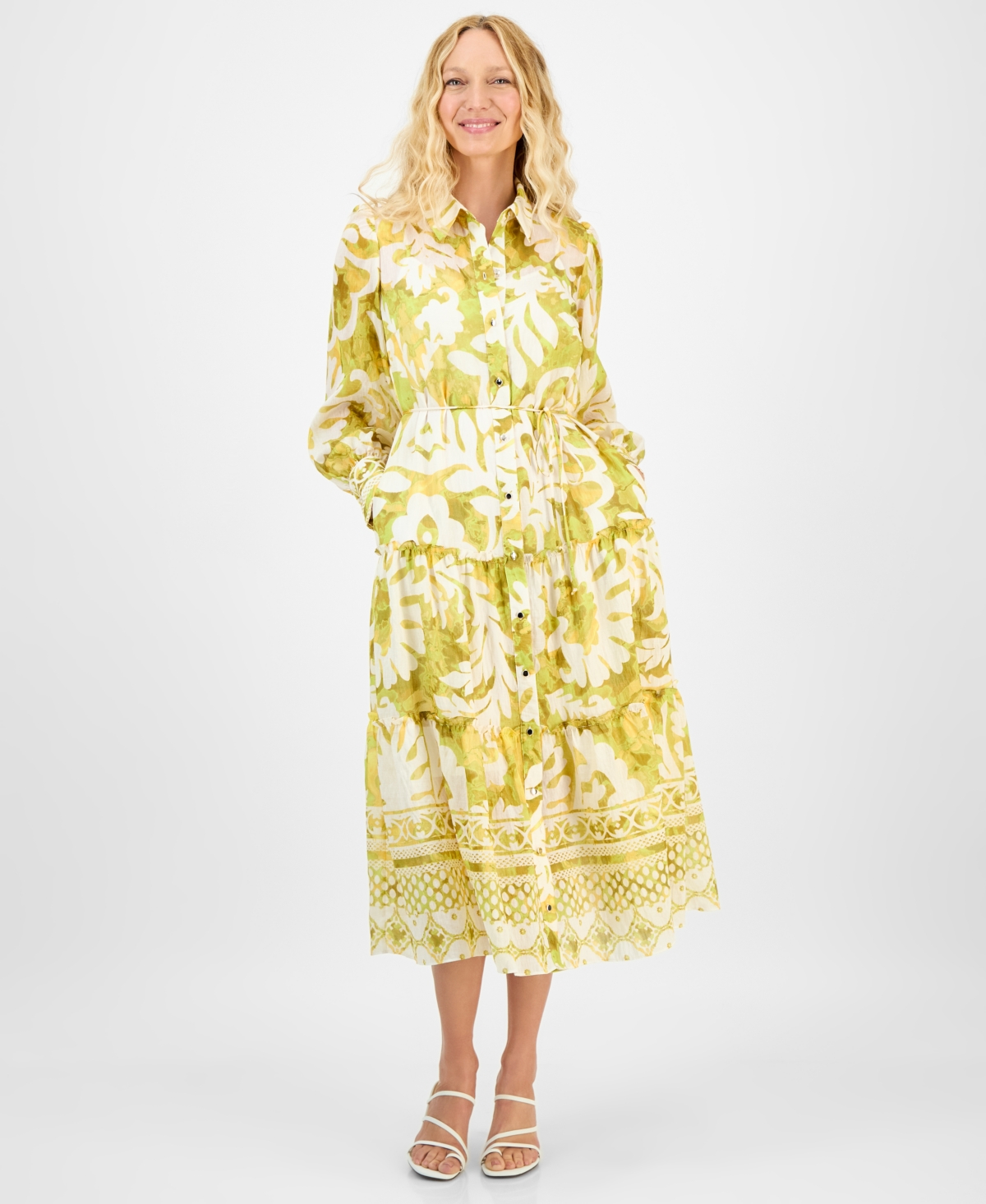 Women's Button-Front Long-Sleeve Shirtdress - Yellow/gre
