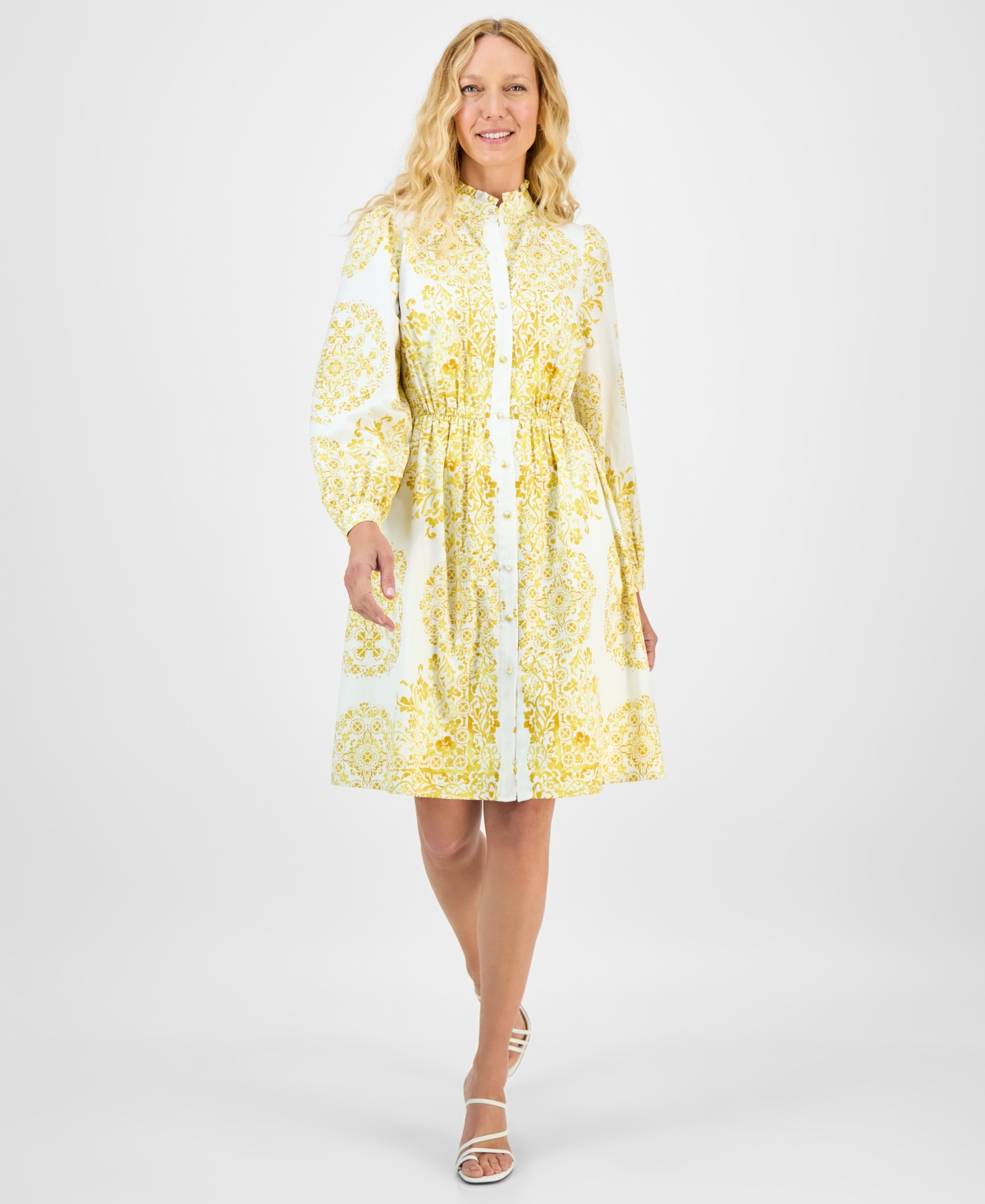 Women's Printed Long-Sleeve Cotton Shirtdress - Yellow Mul