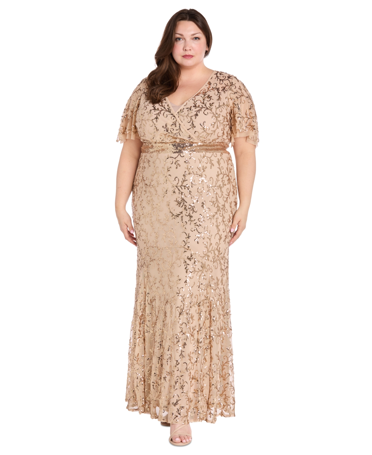 Plus Size Sequin Embellished Flutter-Sleeve Gown - Gold