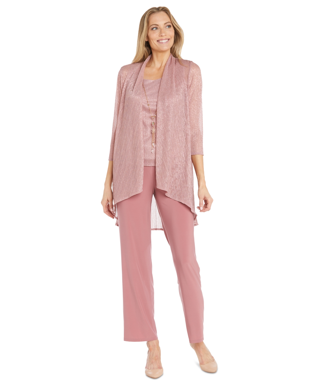 3-Pc. Metallic Jacket, Necklace Top & Pants Set - Rose