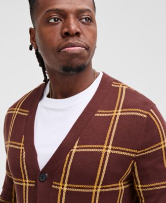 Men's Cotton Windowpane-Plaid Cardigan Sweater, Exclusively at Macy's