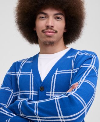 Men's Cotton Windowpane-Plaid Cardigan Sweater, Exclusively at Macy's