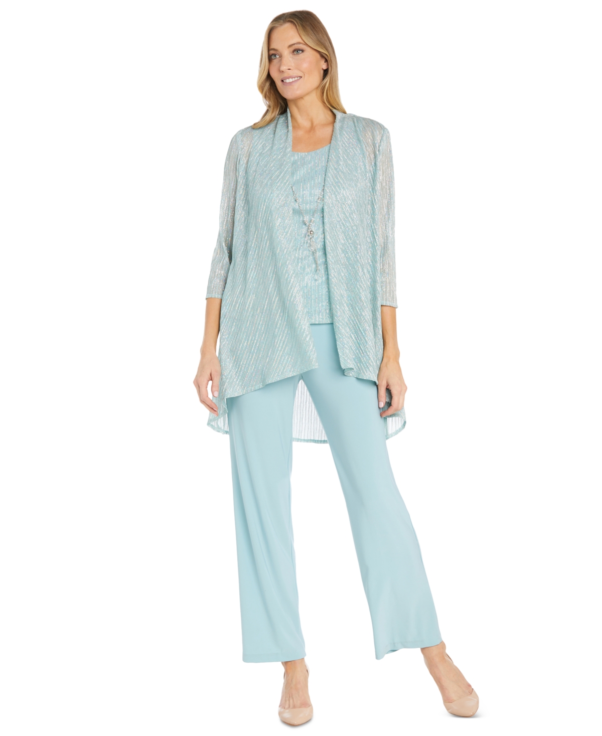 Women's Metallic Jacket, Necklace Top & Pants Set - Seafoam