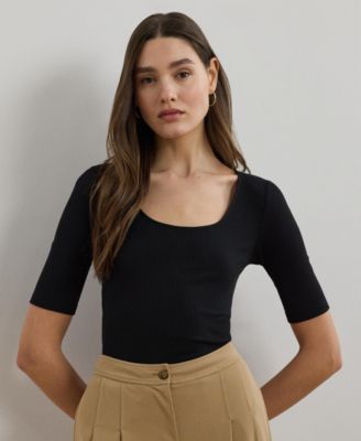 Lauren Ralph Lauren - Women's Rib-Knit Cotton-Blend Elbow-Sleeve Tee