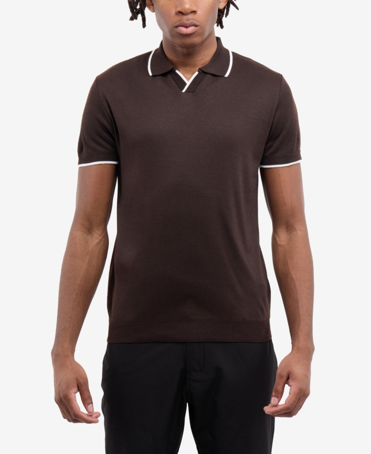 Men's Johnny Collar Short Sleeve Sweater Polo - Brown/white