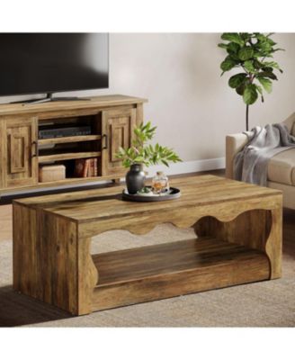 47.24-Inch Farmhouse Coffee Tables, 2-Tier Wooden Rectangular Accent Center Low Cocktail Tea Table with Open Storage Shelf, Rustic Brown