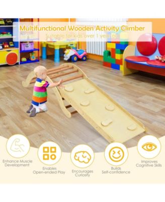 3-in-1 Wooden Climber Ladder Structure with Rock Climbing Ramp and Padding