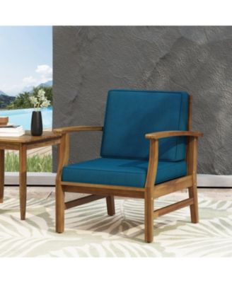 Acacia Wood Outdoor Lounge Chair with Blue Cushions