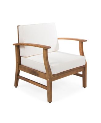 Acacia Wood Outdoor Lounge Chair with Cream White Cushion, Slat Panel Design Frame and Water-Resistant Cushion