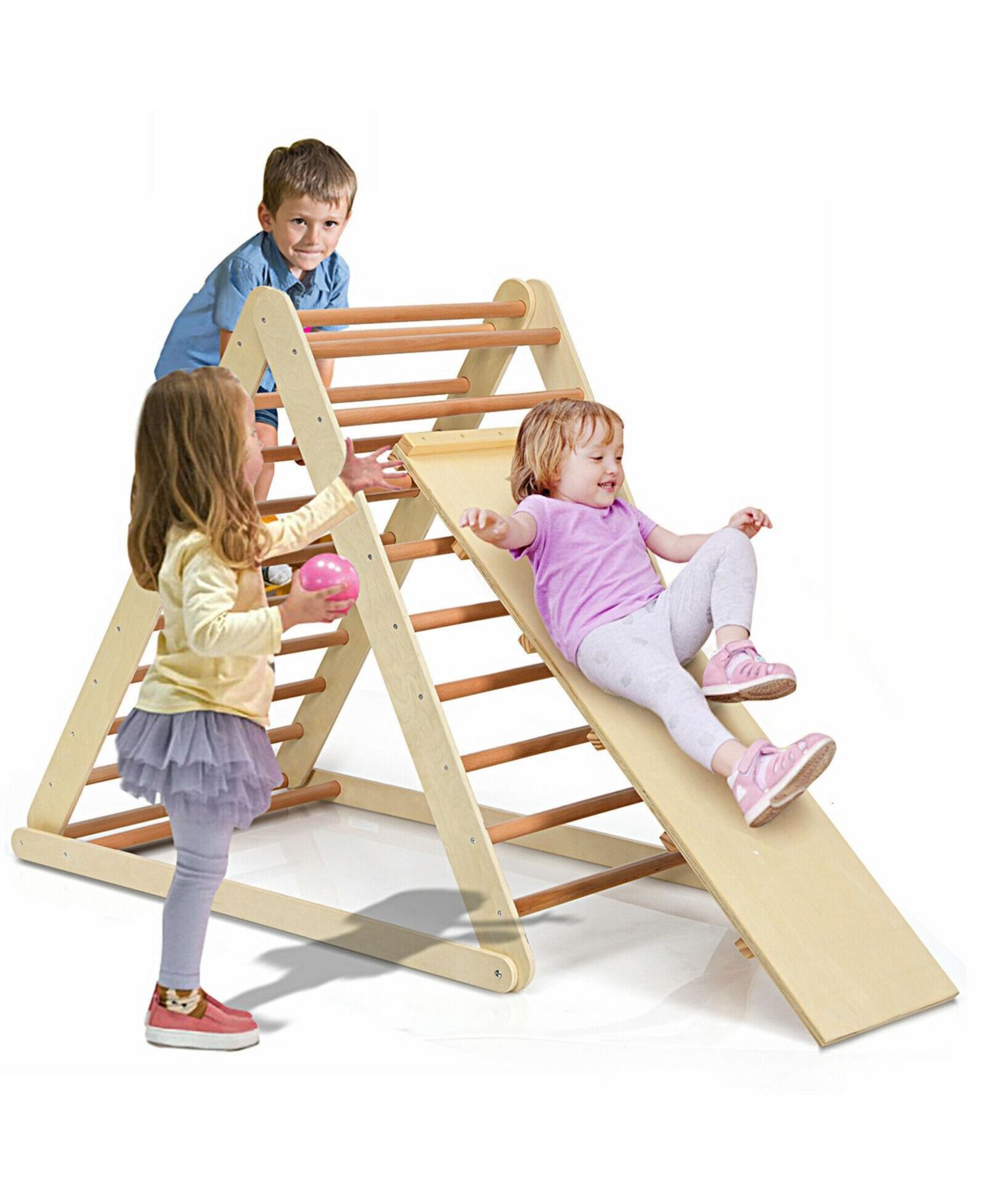 Foldable Wooden Triangle Climber with Reversible Ramp for Kids