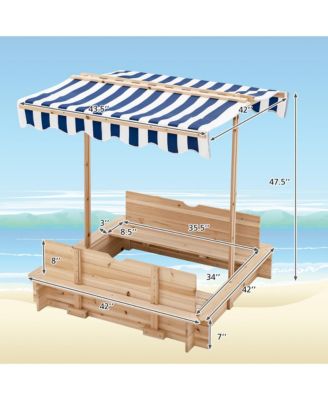 Kids Wooden Sandbox with Canopy & Foldable Bench Seats