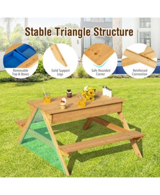 3 in 1 Kids Picnic Table Wooden Outdoor Water Sand Table w/ Play Boxes