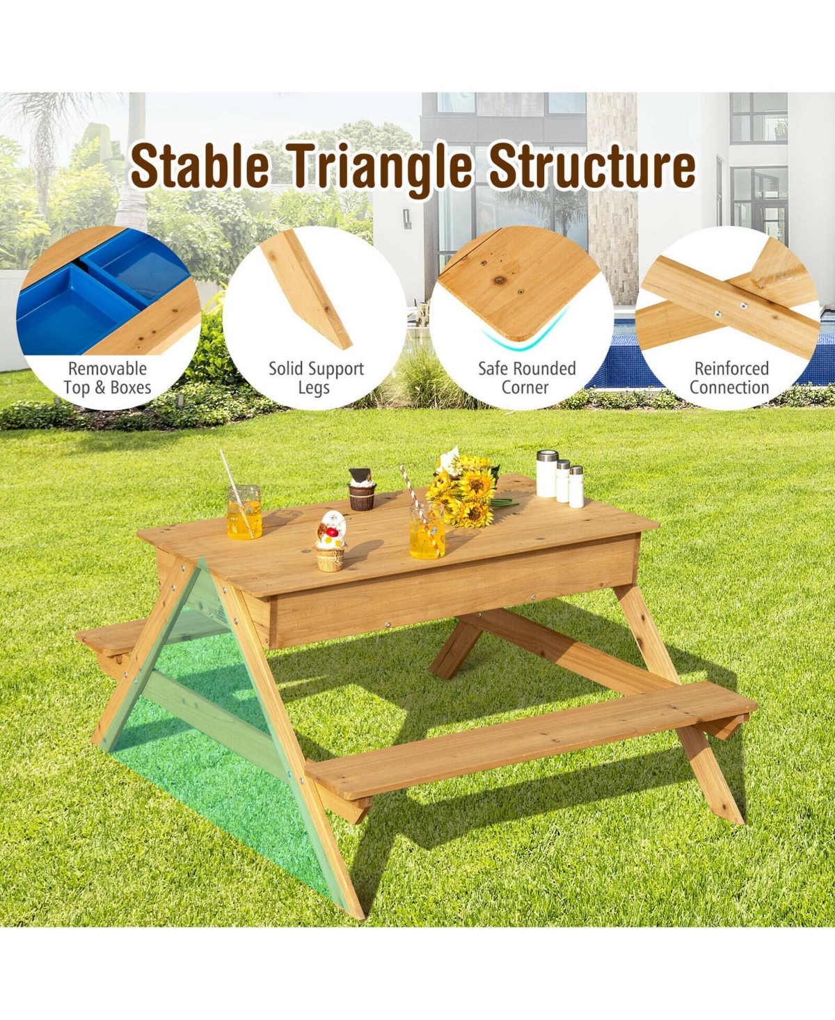 Gymax 3 in 1 Kids Picnic Table Wooden Outdoor Water Sand Table w/ Play Boxes