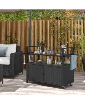 Outdoor Bar Cart Wicker Buffet Serving Cart with Cabinet and 8 Hooks