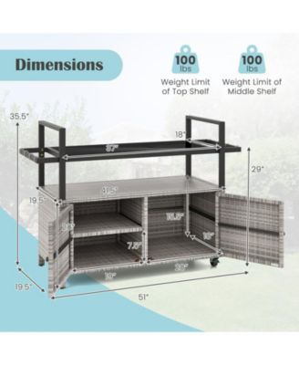 Outdoor Bar Cart Wicker Buffet Serving Cart with Cabinet and 8 Hooks