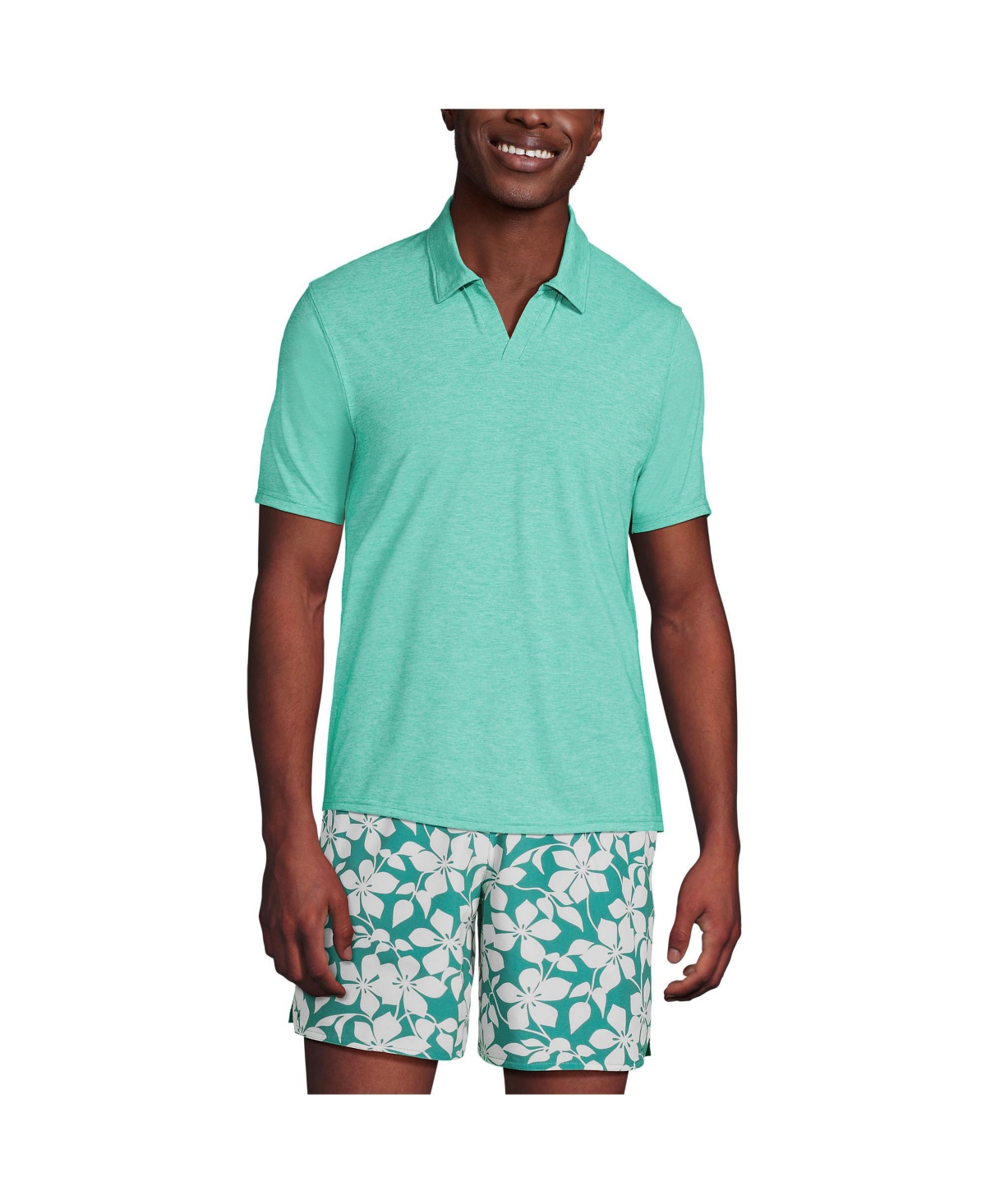 Lands' End Men's Upf 50 Short Sleeve Johnny Collar Polo Rash Guard Shirt - Frosted green heather