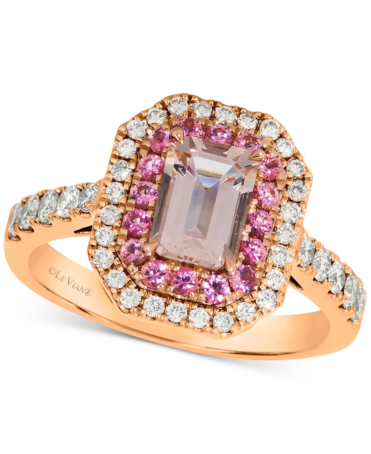 Peach Morganite (1 ct. t.w.), Passion Fruit Tourmaline (1/3 ct. t.w.), & Nude Diamond (3/8 ct. t.w.) Halo Ring in 14k Rose Gold