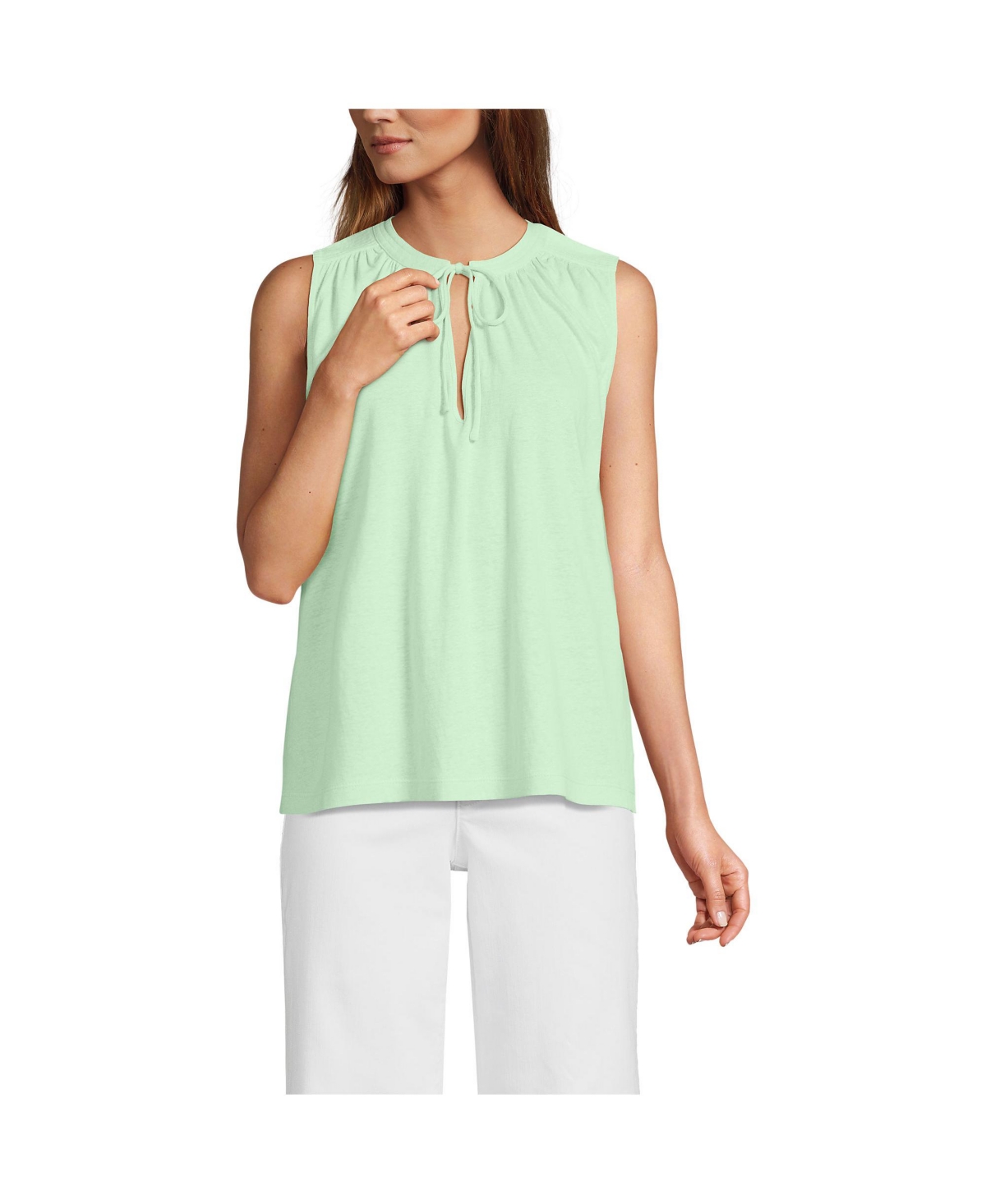 Women's Linen Blend Notch Neck Swing Tank Top - Black plumeria