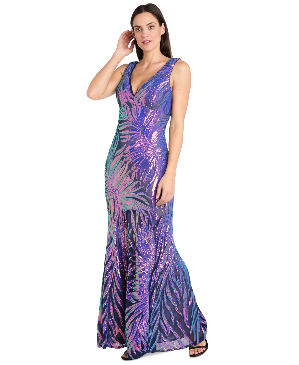 Petite Sequin Embellished Sleeveless Gown - Navy/Violet