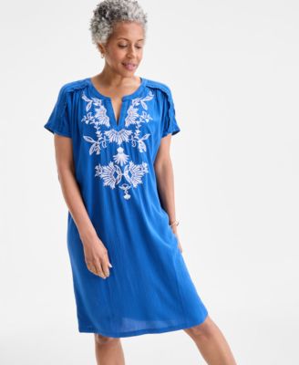 Women's Embroidered Split-Neck Dress, Exclusively at Macy's