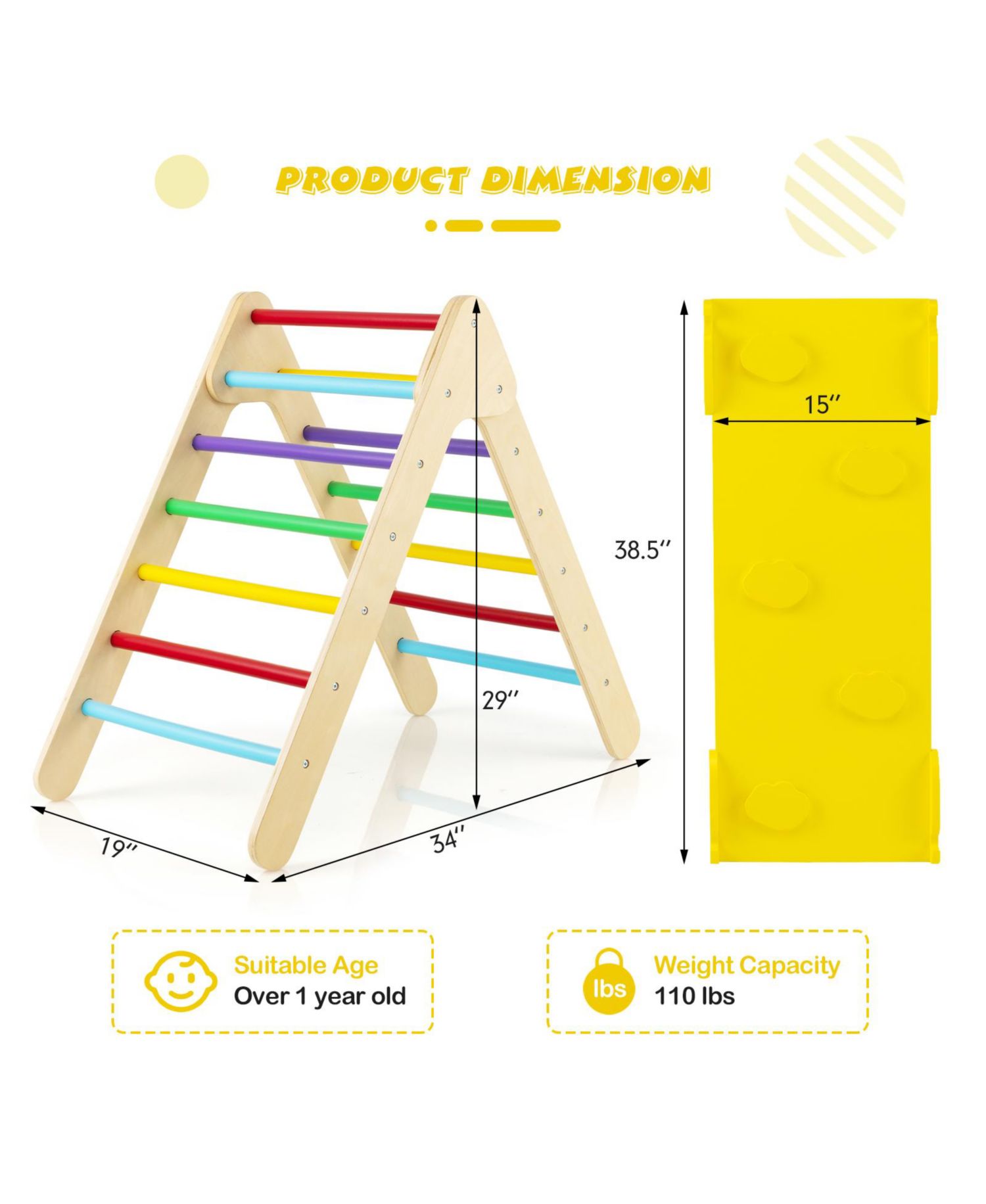 Ages 1+ 3-in-1 Wooden Adjustable Climbing Triangle and Ramp, 2-Piece Set