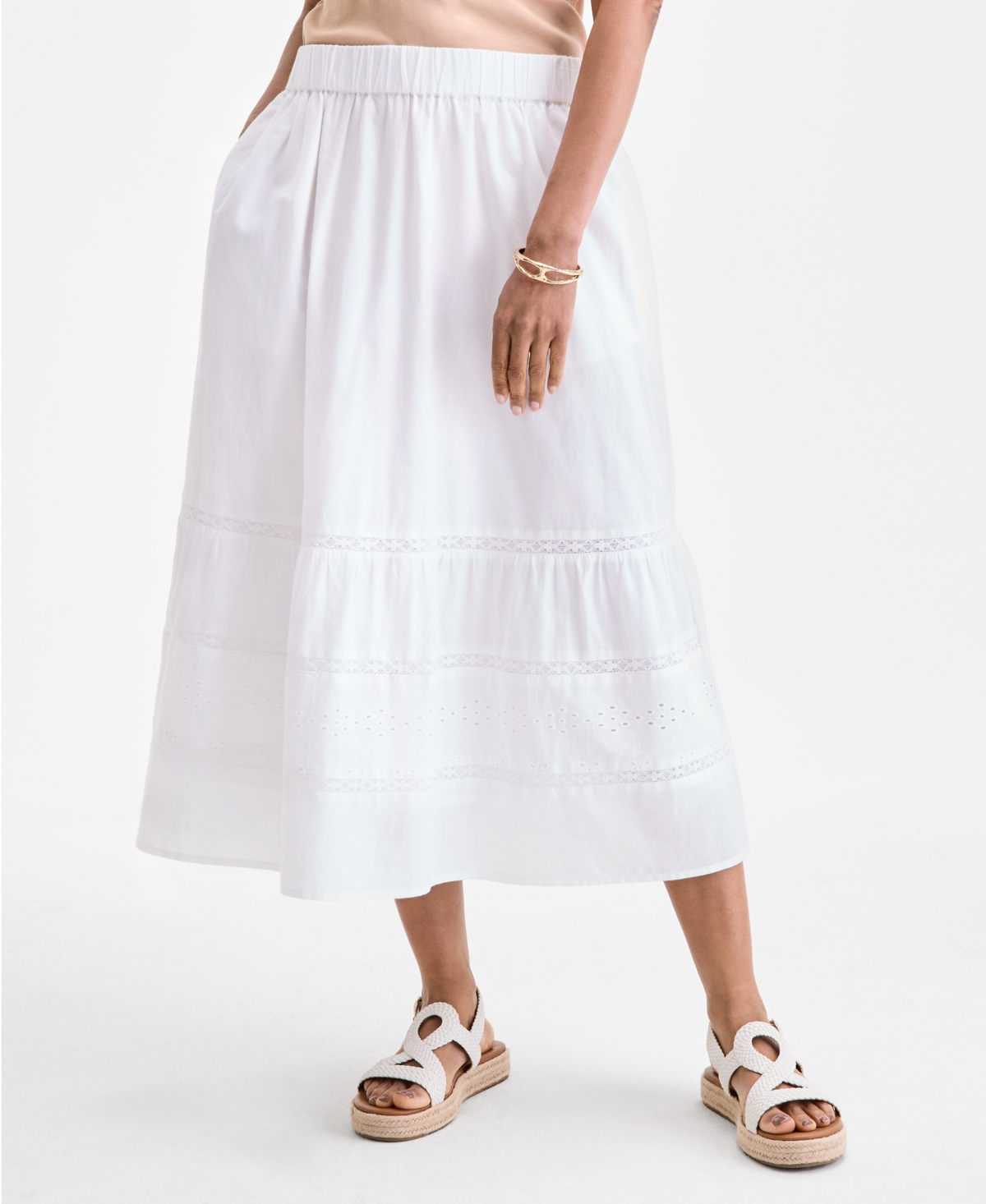 Style & Co Women's Cotton Lace Pull On Tiered Skirt, Exclusively At Macy's In White