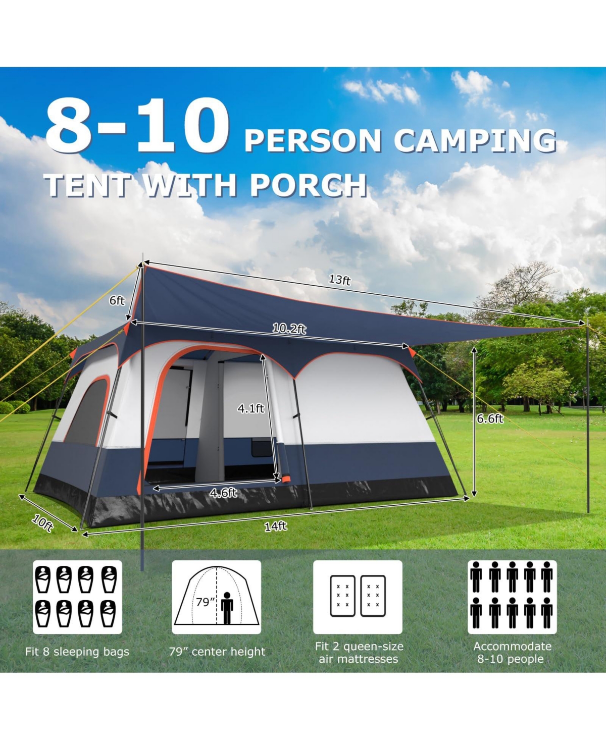 8-10 Person Camping Tent with Double Rooms and 2 Doors