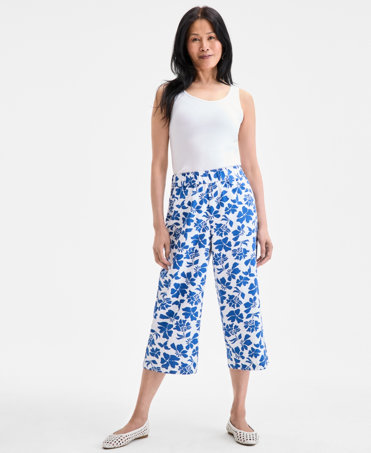 Women's Printed Cotton Pull-On Cropped Pants, Exclusively at Macy's - Floral Abyss Blue