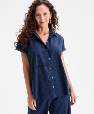 Style & Co - Petite Eyelet-Detail Cotton Camp Shirt