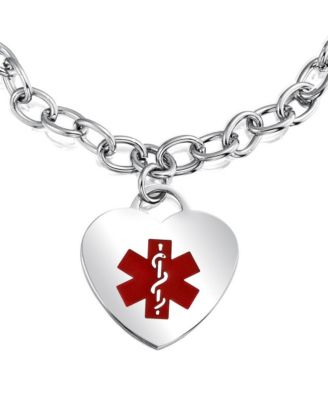 Link Chain Red Medical ID Bracelet with Heart Tag Silver Tone 7-7.5 Inch