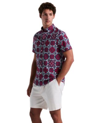 Men's Slim Fit Short Sleeve Medallion Print Button-Down Shirt