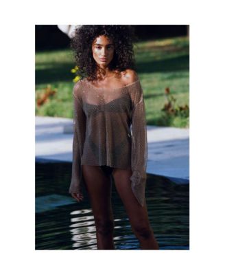 Women's Rhinestone Lattice Long Sleeve Cover Up