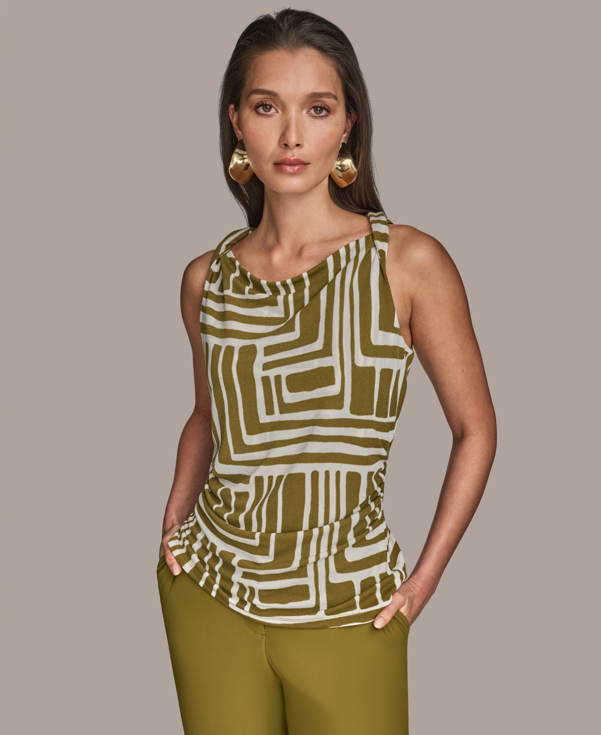 Women's Twist-Strap Printed Tank Top - Smoky Olive/cream