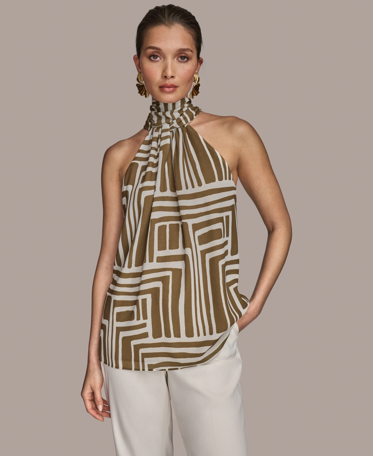 Women's High-Neck Printed Halter Top, Regular & Petite - Smoky Olive/Cream