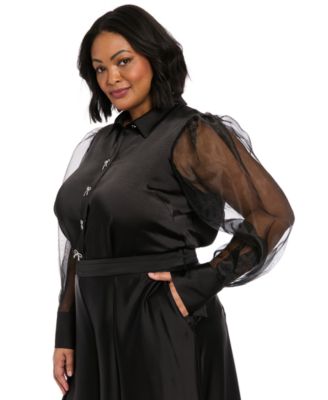 Plus Size Bow-Trim Bishop-Sleeve Blouse 