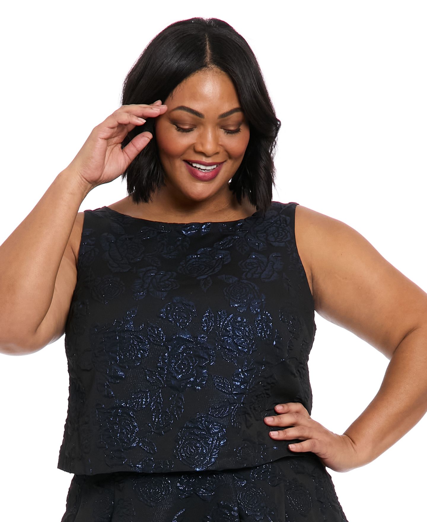 Женский топ Muse Plus Size Metallic Floral Jacquard, цвет: Чёрный / Синий — фото 1