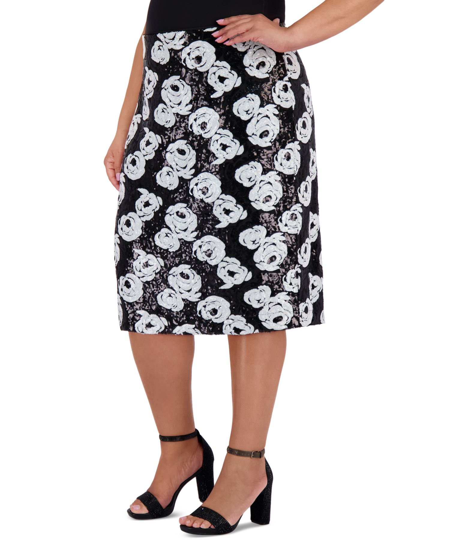 Plus Size Sequined Floral Pencil Skirt