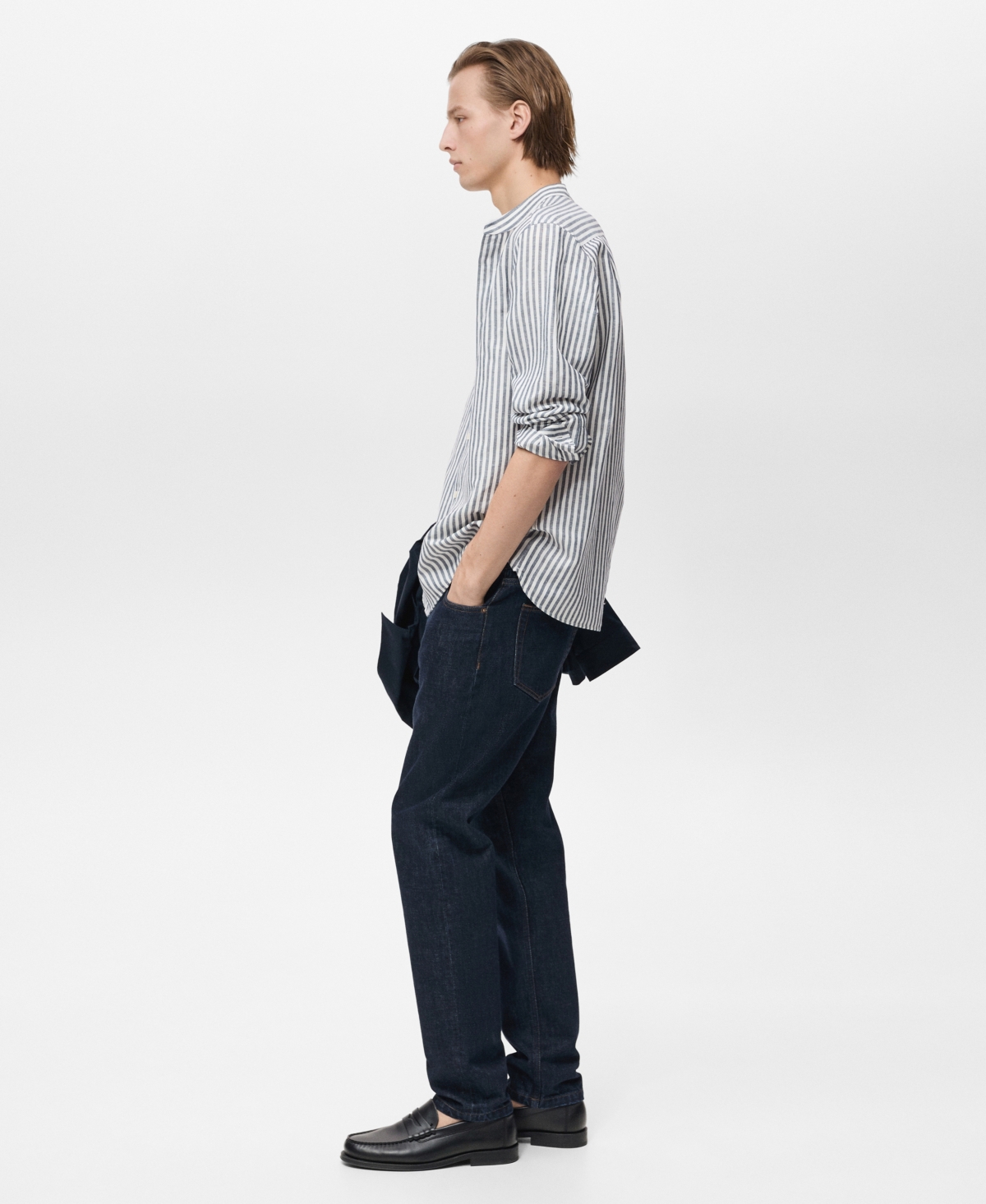 Mango Mandarin Collar Linen & Cotton Button-up Shirt In Gray