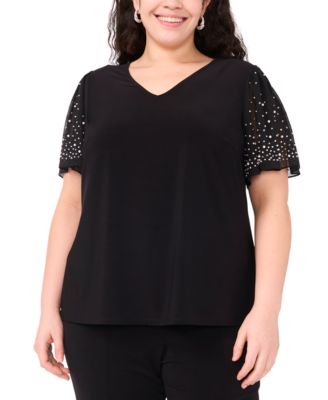 MSK - Plus Size V-Neck Combo Short-Sleeve Evening Top