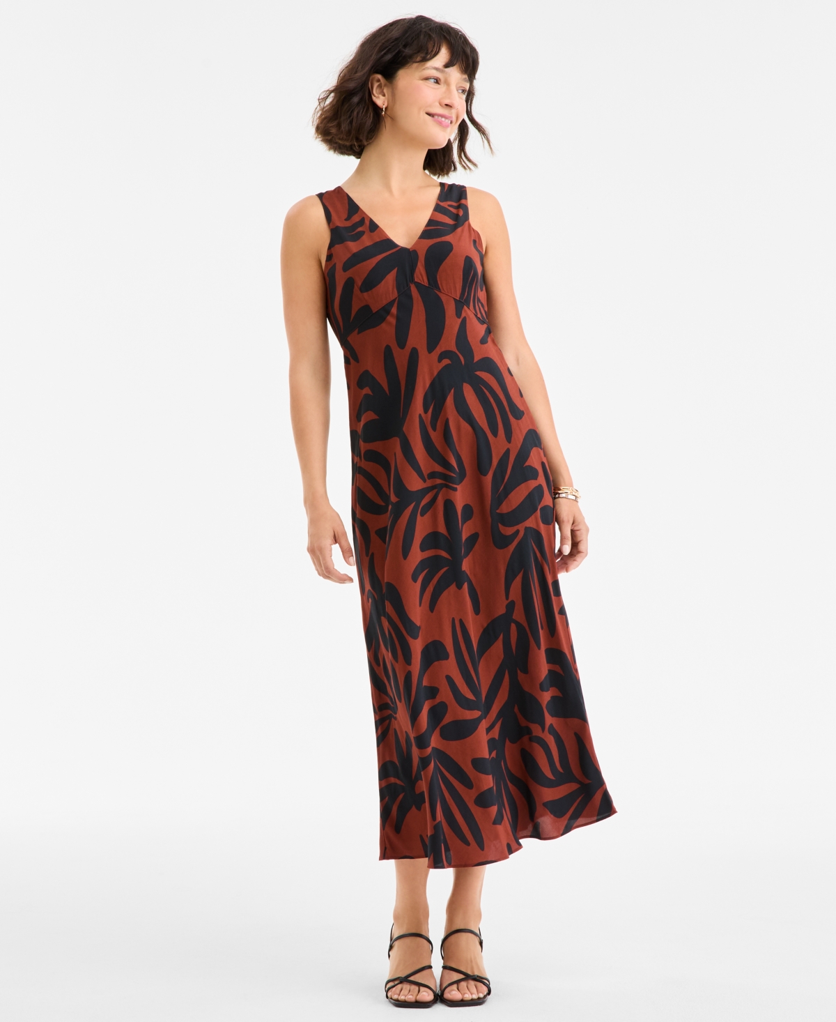 Women's Double V-Neck Sleeveless Midi Dress, Exclusively at Macy's - Dark Bricks Combo