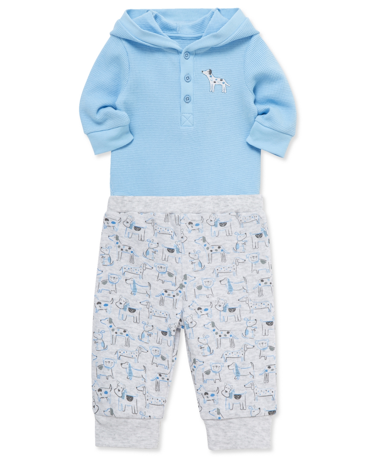 Little Me Hooded Waffle Knit Bodysuit & Pants In Blue