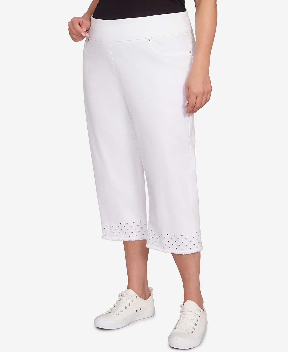 Ruby Rd. Plus Size Embroidered Hem Soft Stretch Denim Capri Pants In White