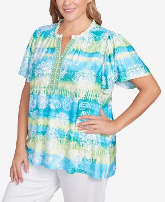 Plus Size Batik Embroidered Tie Dye Puff Print Top