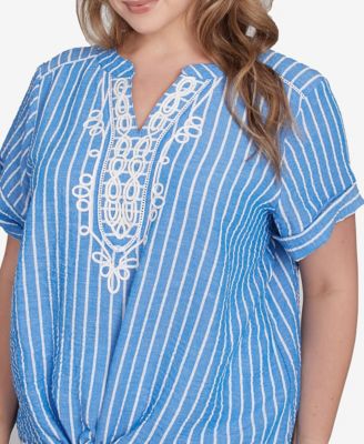 Plus Size Yarn Dye Stripe Embellished Tie Front Top