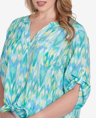 Plus Size Paradise Ikat Button Tie Front Top